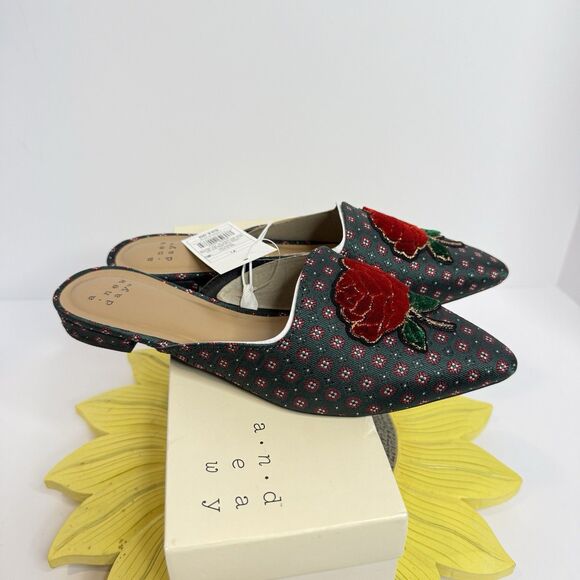 A New Day Emerald Green Brocade Rose Patch Slip On Shoes Pointy 7.5 - Picture 4 of 7